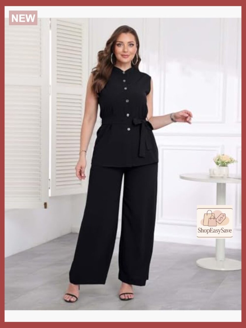 2 Piece Outfit Sleeveless Belt Blouse Flare Pants Business Suit Set Dressy - Picture 3 of 7